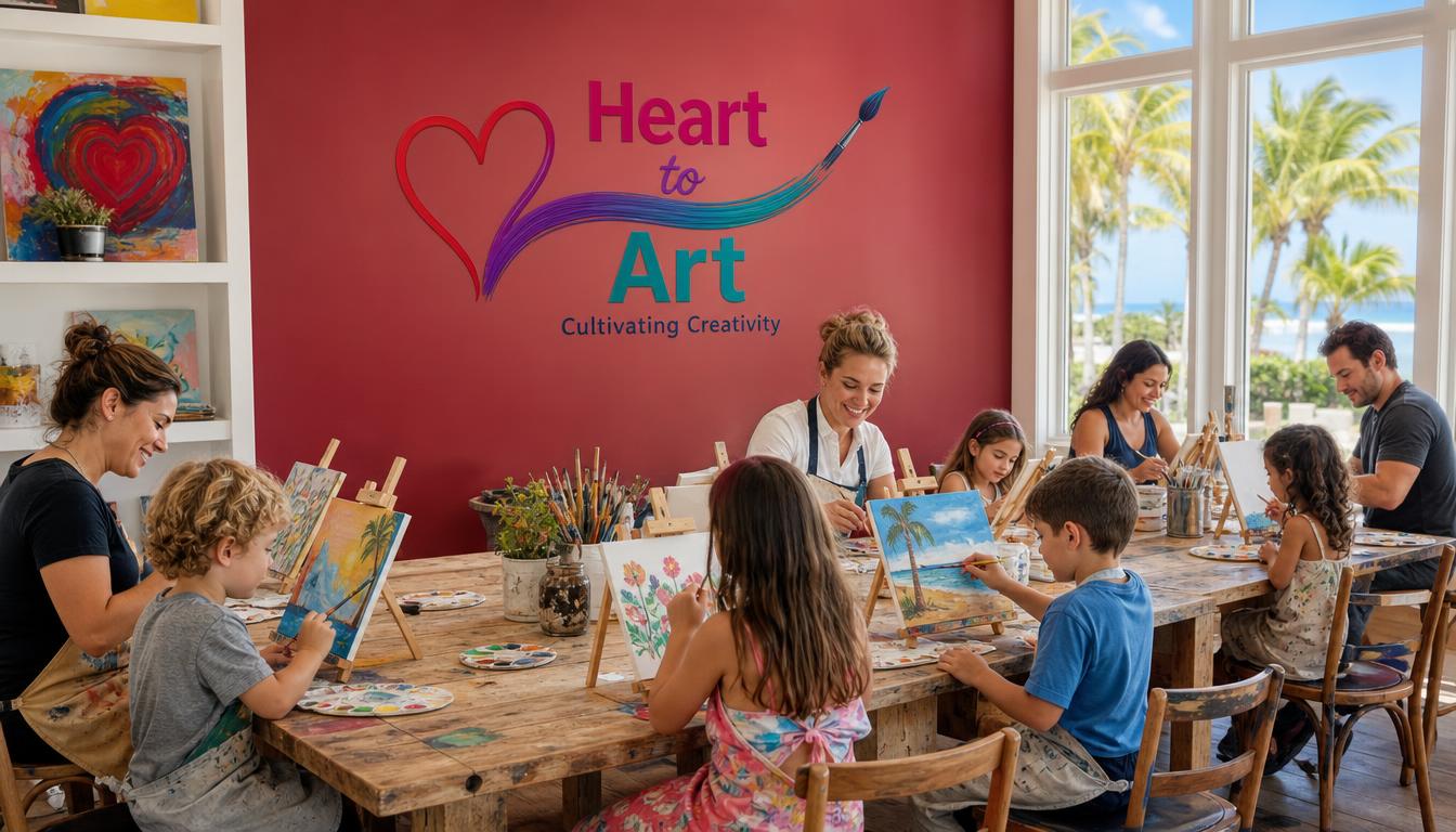 Happy kids and adults painting together in a bright Jacksonville art studio